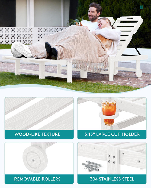 Outdoor Chaise Lounge Set of 2 with 9FT Patio Umbrella, HDPE Pool Lounge Chair with 5-Position Adjustable Backrest, Patio Lounger with Rolling Wheels & Cup Holder for Pool, White