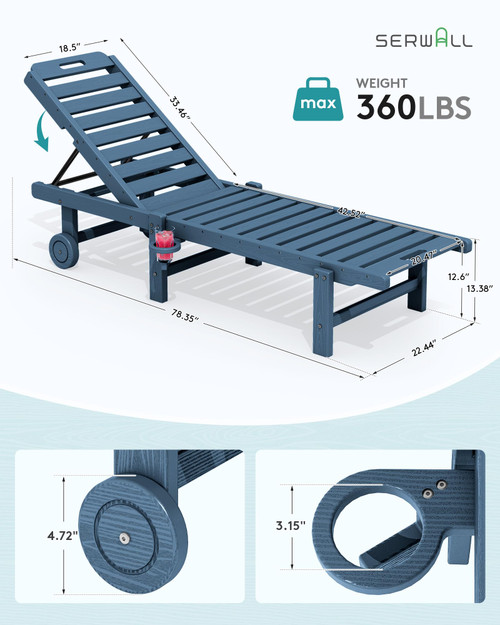 Patio Chaise Lounge Chair Set of 4, HDPE Outdoor Lounge Chair with Cup Holder, 5 Positions Adjustable Poly Lounger with Rolling Wheels for Poolside, Deck, Sunbathing, Blue