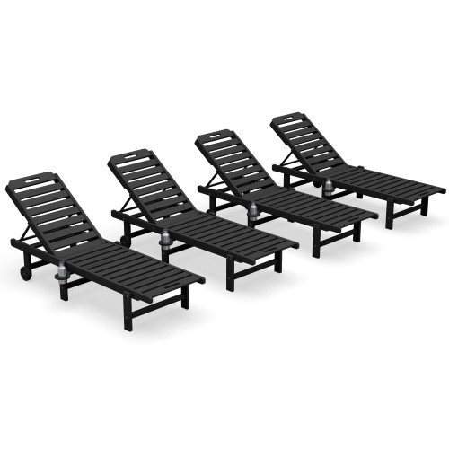 Patio Chaise Lounge Chair Set of 4, HDPE Outdoor Lounge Chair with Cup Holder, 5 Positions Adjustable Poly Lounger with Rolling Wheels for Poolside, Deck, Sunbathing, Black