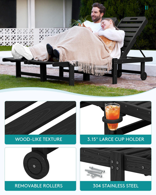 Patio Chaise Lounge Chair Set of 4, HDPE Outdoor Lounge Chair with Cup Holder, 5 Positions Adjustable Poly Lounger with Rolling Wheels for Poolside, Deck, Sunbathing, Black
