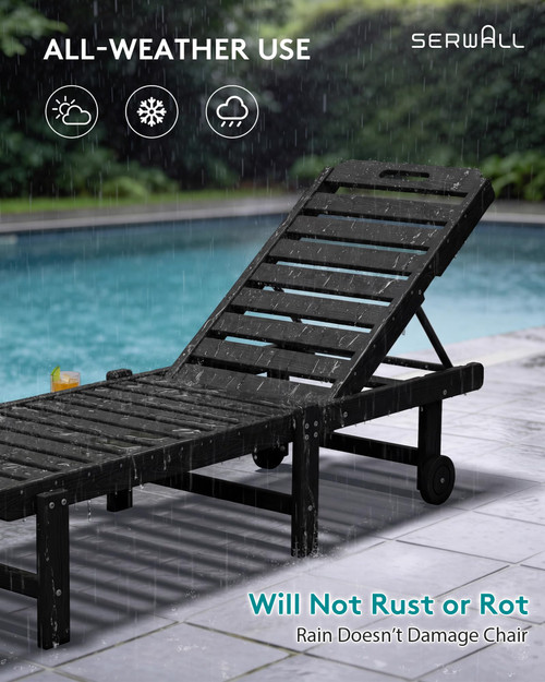 Patio Chaise Lounge Chair Set of 4, HDPE Outdoor Lounge Chair with Cup Holder, 5 Positions Adjustable Poly Lounger with Rolling Wheels for Poolside, Deck, Sunbathing, Black