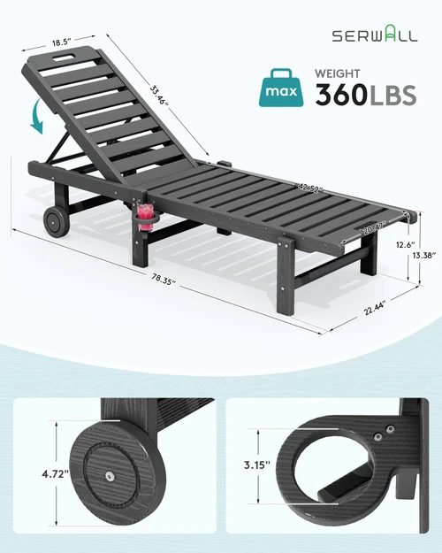 Outdoor Chaise Lounge Set of 4, Patio Lounge Chairs with 5 Positions Adjustable Reclining Backrest, HDPE Lounge Chairs with Rolling Wheels & Cup Holder for Poolside, Beach, Garden, Grey