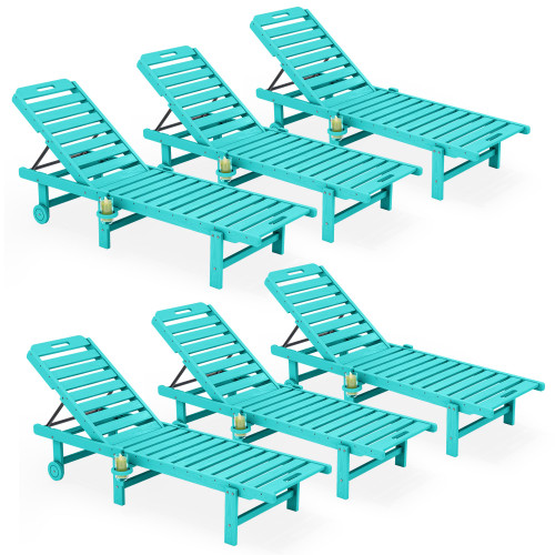 Outdoor Chaise Lounge Set of 6, HDPE Pool Lounge Chair with 5-Position Adjustable Backrest, Patio Lounger with Rolling Wheels & Cup Holder for Pool, Aruba