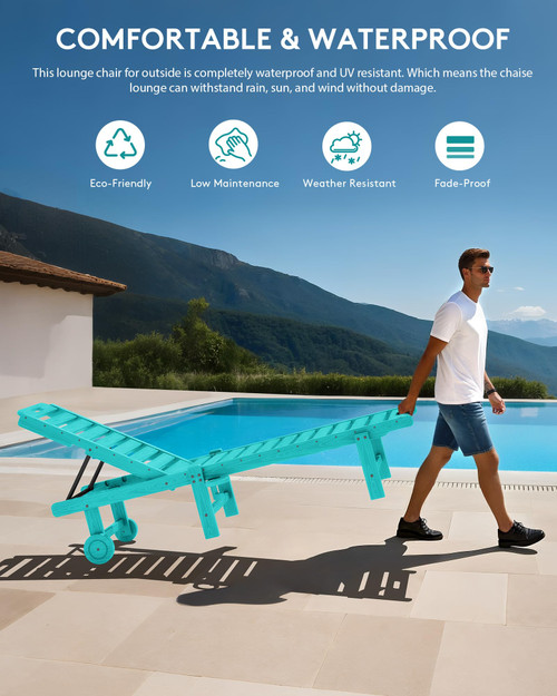 Outdoor Chaise Lounge Set of 6, HDPE Pool Lounge Chair with 5-Position Adjustable Backrest, Patio Lounger with Rolling Wheels & Cup Holder for Pool, Aruba