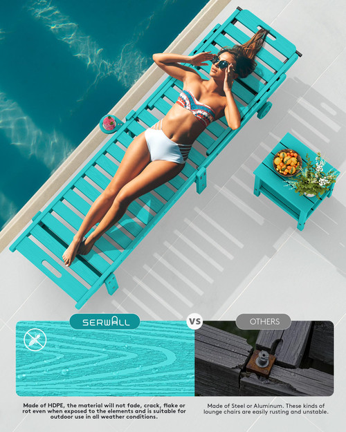 Outdoor Chaise Lounge Set of 6, HDPE Pool Lounge Chair with 5-Position Adjustable Backrest, Patio Lounger with Rolling Wheels & Cup Holder for Pool, Aruba