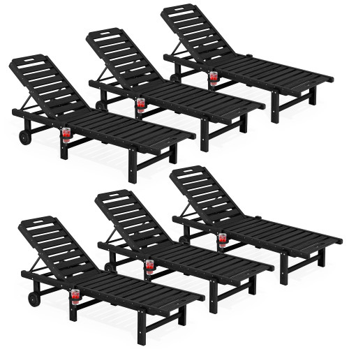 Outdoor Chaise Lounge Set of 6, HDPE Pool Lounge Chair with 5-Position Adjustable Backrest, Patio Lounger with Rolling Wheels & Cup Holder for Pool, Black