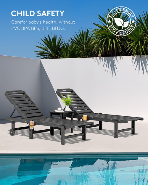 Outdoor Chaise Lounge Set of 6, HDPE Pool Lounge Chair with 5-Position Adjustable Backrest, Patio Lounger with Rolling Wheels & Cup Holder for Pool, Grey