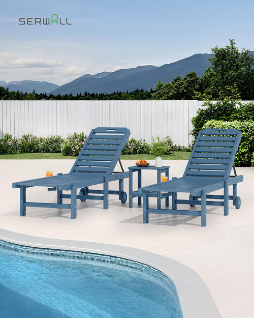 Outdoor Chaise Lounge Set of 6, HDPE Pool Lounge Chair with 5-Position Adjustable Backrest, Patio Lounger with Rolling Wheels & Cup Holder for Pool, Navy