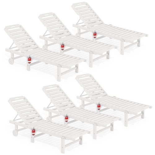 Outdoor Chaise Lounge Set of 6, HDPE Pool Lounge Chair with 5-Position Adjustable Backrest, Patio Lounger with Rolling Wheels & Cup Holder for Pool, White