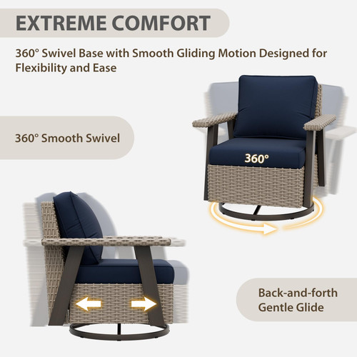 Rustic Hideaway Outdoor Swivel Rocker Patio Chair Set of 1, Wicker Swivel Rocking Chair for Patio, Outdoor Balcony Furniture with Wood Grain Finish, Beige/Dark Blue