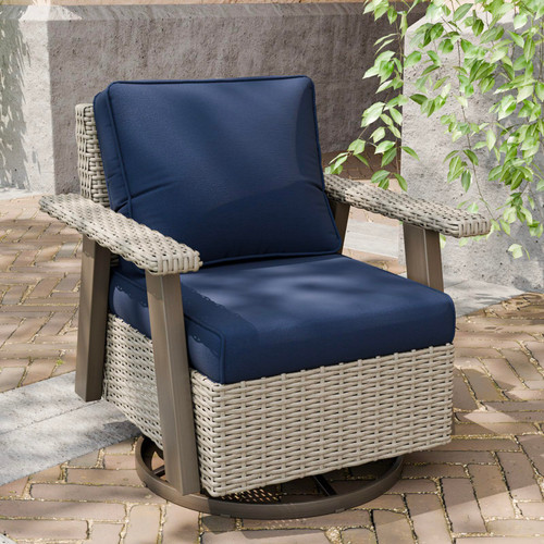 Rustic Hideaway Outdoor Swivel Rocker Patio Chair Set of 1, Wicker Swivel Rocking Chair for Patio, Outdoor Balcony Furniture with Wood Grain Finish, Beige/Dark Blue