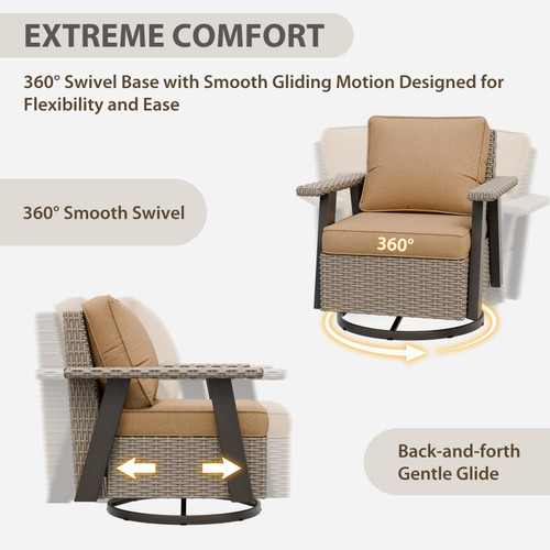 Rustic Hideaway Outdoor Swivel Rocker Patio Chair Set of 1, Wicker Swivel Rocking Chair for Patio, Outdoor Balcony Furniture with Wood Grain Finish, Beige/Tan