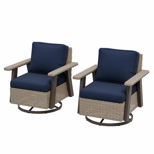 Rustic Hideaway Outdoor Swivel Rocker Patio Chairs Set of 2, Wicker Swivel Rocking Chairs for Patio, Outdoor Balcony Furniture with Wood Grain Finish, Beige/Dark Blue