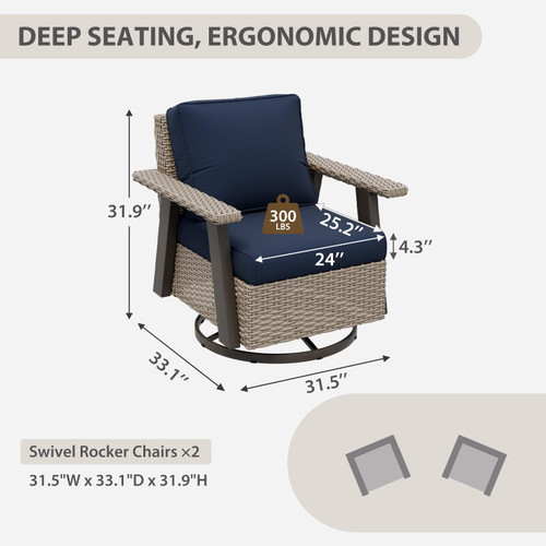 Rustic Hideaway Outdoor Swivel Rocker Patio Chairs Set of 2, Wicker Swivel Rocking Chairs for Patio, Outdoor Balcony Furniture with Wood Grain Finish, Beige/Dark Blue