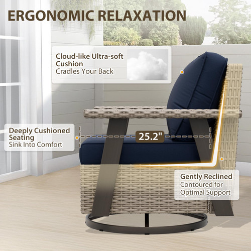 Rustic Hideaway Outdoor Swivel Rocker Patio Chairs Set of 2, Wicker Swivel Rocking Chairs for Patio, Outdoor Balcony Furniture with Wood Grain Finish, Beige/Dark Blue