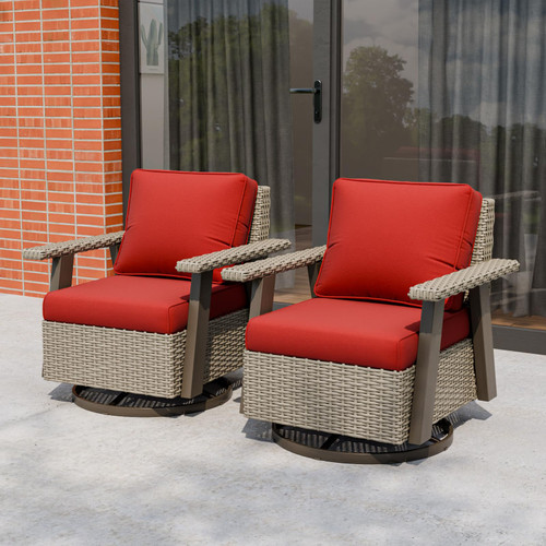 Rustic Hideaway Outdoor Swivel Rocker Patio Chairs Set of 2, Wicker Swivel Rocking Chairs for Patio, Outdoor Balcony Furniture with Wood Grain Finish, Beige/Red