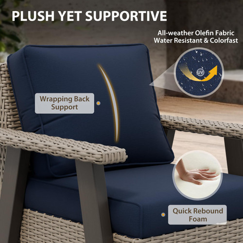 Rustic Hideaway Outdoor Swivel Rocker Patio Chairs Set of 4, Wicker Swivel Rocking Chairs for Patio, Outdoor Balcony Furniture with Wood Grain Finish, Beige/Dark Blue