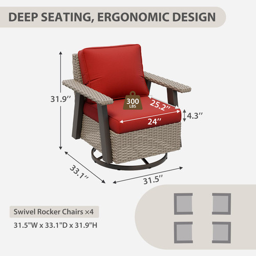 Rustic Hideaway Outdoor Swivel Rocker Patio Chairs Set of 4, Wicker Swivel Rocking Chairs for Patio, Outdoor Balcony Furniture with Wood Grain Finish, Beige/Red