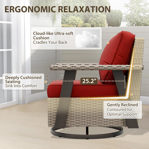 Rustic Hideaway Outdoor Swivel Rocker Patio Chairs Set of 4, Wicker Swivel Rocking Chairs for Patio, Outdoor Balcony Furniture with Wood Grain Finish, Beige/Red