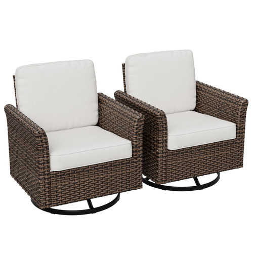 Harbor Retreat 2 Piece Outdoor Patio Swivel Rocker Set, 360° Swivel Rocking Glider Chairs, PE Wicker Furniture, Brown/Beige