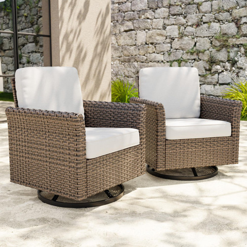 Harbor Retreat 2 Piece Outdoor Patio Swivel Rocker Set, 360° Swivel Rocking Glider Chairs, PE Wicker Furniture, Brown/Beige