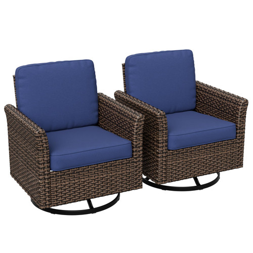 Harbor Retreat 2 Piece Outdoor Patio Swivel Rocker Set, 360° Swivel Rocking Glider Chairs, PE Wicker Furniture, Brown/Blue