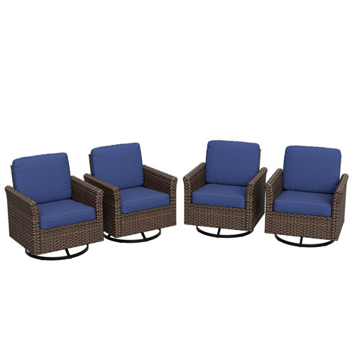 Harbor Retreat 4 Piece Outdoor Patio Swivel Rocker Set, 360° Swivel Rocking Glider Chairs, PE Wicker Furniture, Brown/Blue