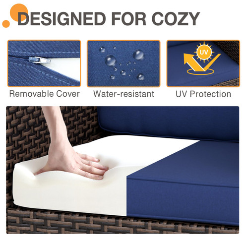 Harbor Retreat 4 Piece Outdoor Patio Swivel Rocker Set, 360° Swivel Rocking Glider Chairs, PE Wicker Furniture, Brown/Blue