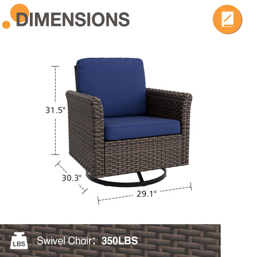 Harbor Retreat 4 Piece Outdoor Patio Swivel Rocker Set, 360° Swivel Rocking Glider Chairs, PE Wicker Furniture, Brown/Blue