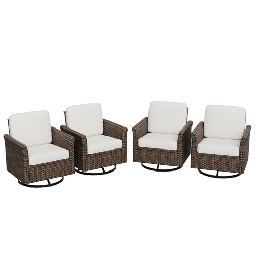 Harbor Retreat 4 Piece Outdoor Patio Swivel Rocker Set, 360° Swivel Rocking Glider Chairs, PE Wicker Furniture, Brown/Beige