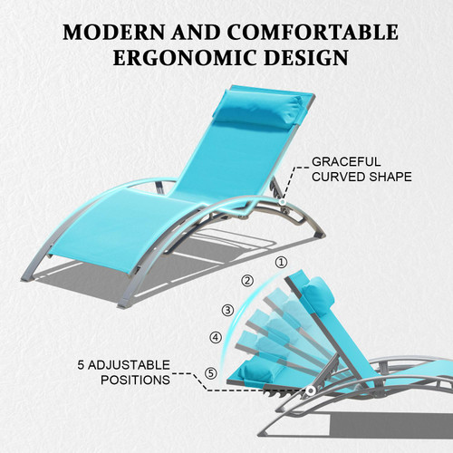 Pool Lounge Chairs Set of 2, Adjustable Aluminum Outdoor Chaise Lounge Chairs, All Weather for Deck Lawn Poolside Backyard -Lake Blue Textilene