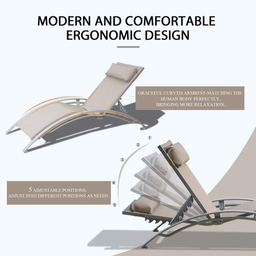 Pool Lounge Chairs Set of 2, Adjustable Aluminum Outdoor Chaise Lounge Chairs, All Weather for Deck Lawn Poolside Backyard -Beige Textilene