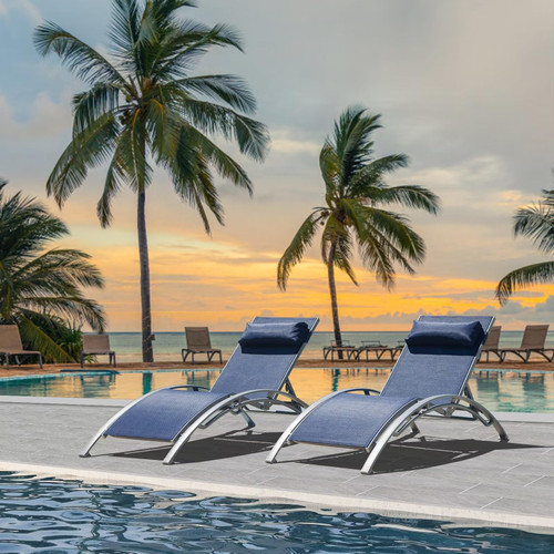 Pool Lounge Chairs Set of 2, Adjustable Aluminum Outdoor Chaise Lounge Chairs, All Weather for Deck Lawn Poolside Backyard -Blue Textilene