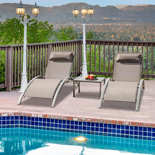 Pool Lounge Chairs Set of 3, Adjustable Aluminum Outdoor Chaise Lounge Chairs with Metal Side Table, All Weather for Deck Lawn Poolside Backyard -Beige Textilene