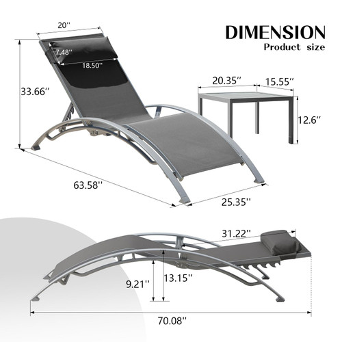 Pool Lounge Chairs Set of 3, Adjustable Aluminum Outdoor Chaise Lounge Chairs with Metal Side Table, All Weather for Deck Lawn Poolside Backyard -Dark Grey Textilene