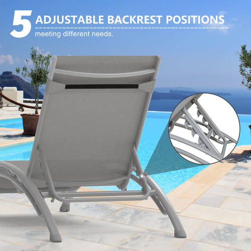 Pool Lounge Chairs Set of 3, Adjustable Aluminum Outdoor Chaise Lounge Chairs with Metal Side Table, All Weather for Deck Lawn Poolside Backyard -Grey Textilene