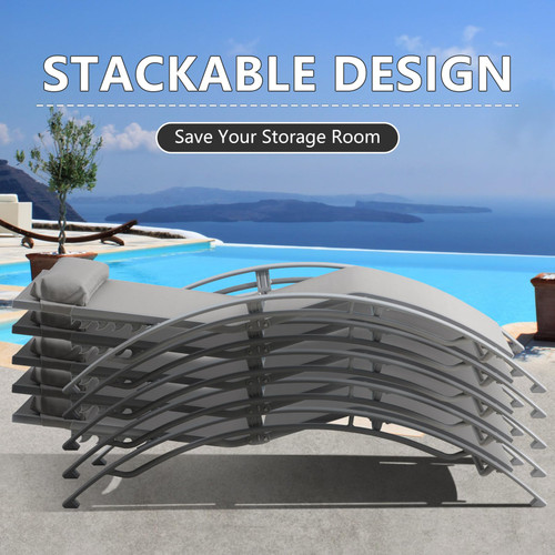 Pool Lounge Chairs Set of 3, Adjustable Aluminum Outdoor Chaise Lounge Chairs with Metal Side Table, All Weather for Deck Lawn Poolside Backyard -Grey Textilene