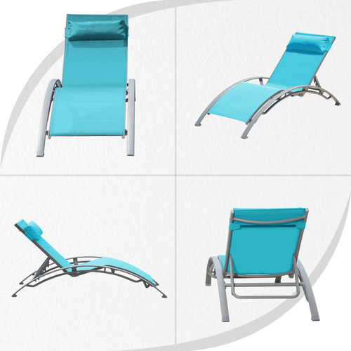 Pool Lounge Chairs Set of 3, Adjustable Aluminum Outdoor Chaise Lounge Chairs with Metal Side Table, All Weather for Deck Lawn Poolside Backyard -Lake Blue Textilene