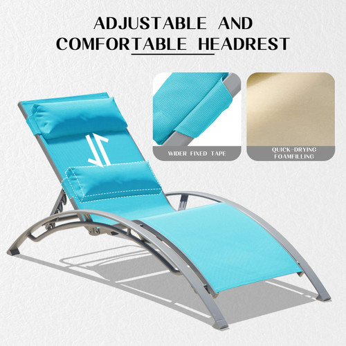 Pool Lounge Chairs Set of 3, Adjustable Aluminum Outdoor Chaise Lounge Chairs with Metal Side Table, All Weather for Deck Lawn Poolside Backyard -Lake Blue Textilene
