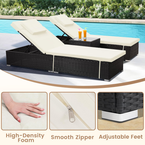 Outdoor Chaise Lounge Chairs, All-Weather Wicker Pool Lounge Chair Set of 2 with Side Table, Adjustable Backrest & Washable Cushions for Patio, Poolside, Beach, White