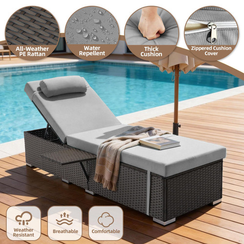 Outdoor Chaise Lounge with Adjustable Backrest Set of 2, 6-Position Reclining Lounger Pool Chair, Thick 3-Inch Cushion & Side Tray, All-Weather PE Wicker for Outdoor, Backyard, Deck (Gray)