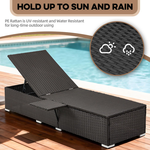 Outdoor Chaise Lounge with Adjustable Backrest Set of 2, 6-Position Reclining Lounger Pool Chair, Thick 3-Inch Cushion & Side Tray, All-Weather PE Wicker for Outdoor, Backyard, Deck (Gray)