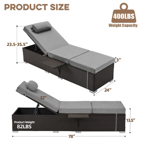 Outdoor Chaise Lounge with Adjustable Backrest Set of 4, 6-Position Reclining Lounger Pool Chair, Thick 3-Inch Cushion & Side Tray, All-Weather PE Wicker for Outdoor, Backyard, Deck (Gray)