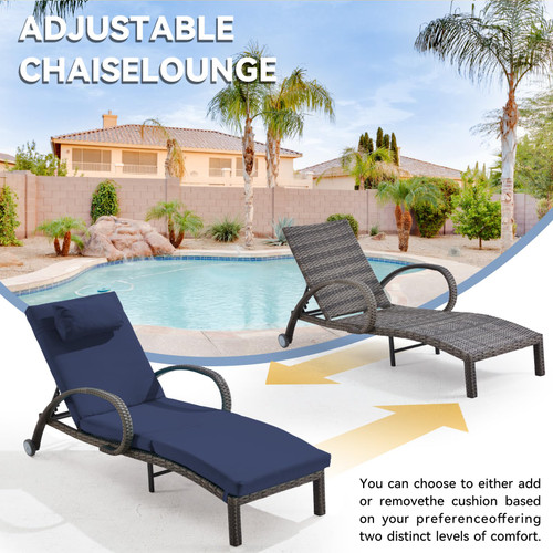 Pool Outdoor Lounge Chairs Set of 2,Outdoor Chaise Lounge w/ 5 Adjustable Back,Wicker Patio Pool Lounge Chair with Wheels for Poolside Deck Lawn,Deep Blue