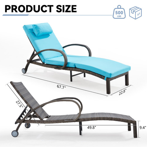 Pool Outdoor Lounge Chairs Set of 2,Outdoor Chaise Lounge w/ 5 Adjustable Back,Wicker Patio Pool Lounge Chair with Wheels for Poolside Deck Lawn,Lake Blue