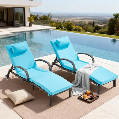 Pool Outdoor Lounge Chairs Set of 2,Outdoor Chaise Lounge w/ 5 Adjustable Back,Wicker Patio Pool Lounge Chair with Wheels for Poolside Deck Lawn,Lake Blue