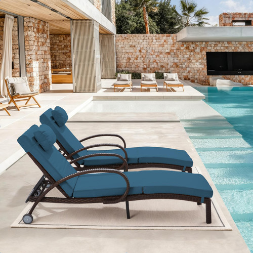 Pool Outdoor Lounge Chairs Set of 2,Outdoor Chaise Lounge w/ 5 Adjustable Back,Wicker Patio Pool Lounge Chair with Wheels for Poolside Deck Lawn,Peacock Blue