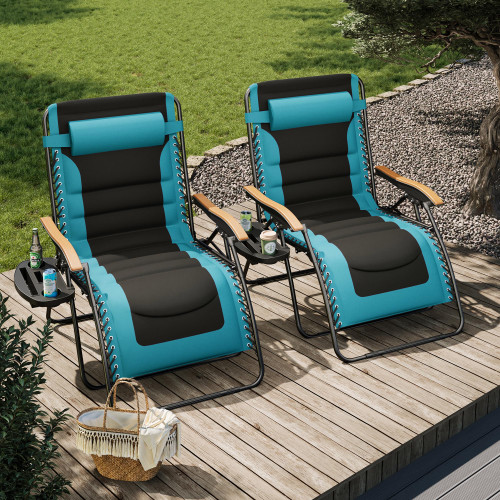 XXL Oversized Padded Zero Gravity Chair Set of 2, Foldable Patio Recliner, 30" Wide Seat Anti Gravity Lounger with Armrest and Cup Holder, Support 400 LBS (Aqua Blue)