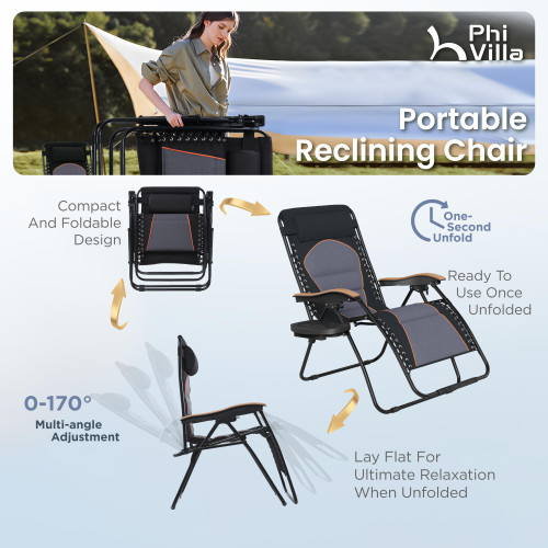 XXL Oversized Padded Zero Gravity Chair Set of 2, Foldable Patio Recliner, 30" Wide Seat Anti Gravity Lounger with Armrest and Cup Holder, Support 400 LBS (Black & Orange Accents)