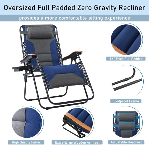 XXL Oversized Padded Zero Gravity Chair Set of 2, Foldable Patio Recliner, 30" Wide Seat Anti Gravity Lounger with Armrest and Cup Holder, Support 400 LBS (Thumb Blue)